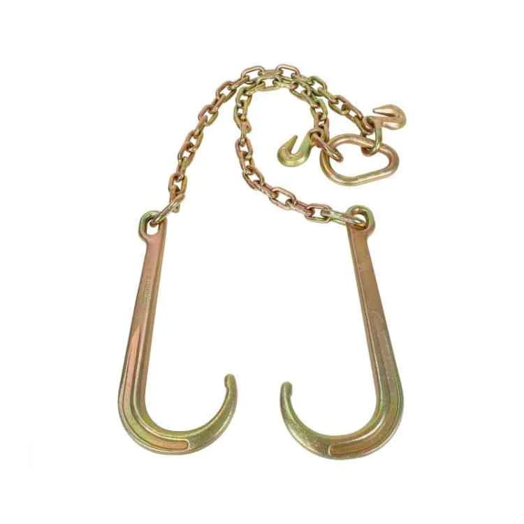 Pair of gold J-hooks connected by a steel chain with grab hook, isolated on white background