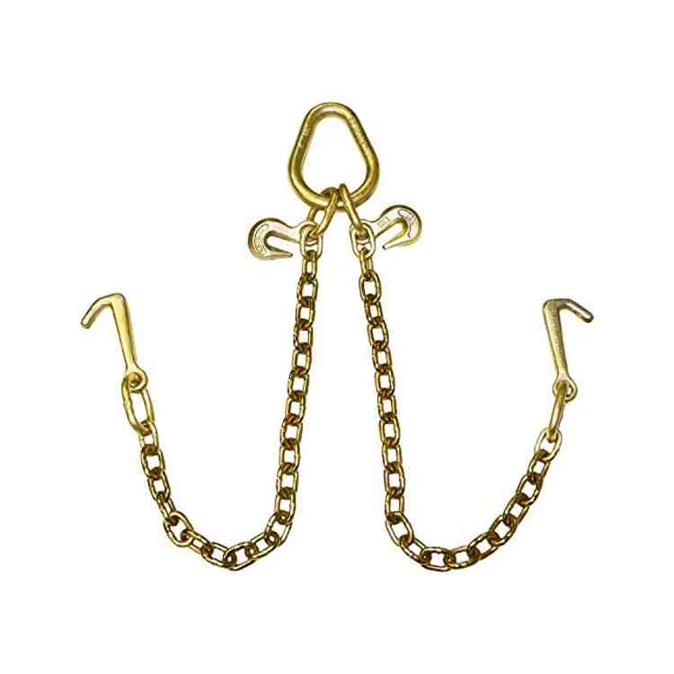 Gold-toned V-bridle tow chain with top triangular master ring, two grab hooks and two J-hooks on chain legs