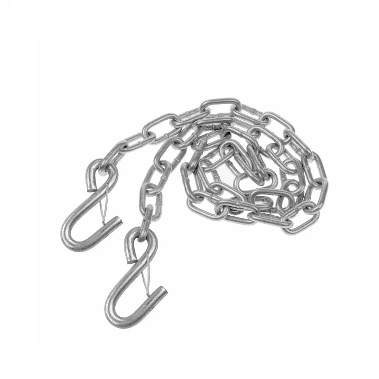 Coiled metal chain with two open hook ends on a white background