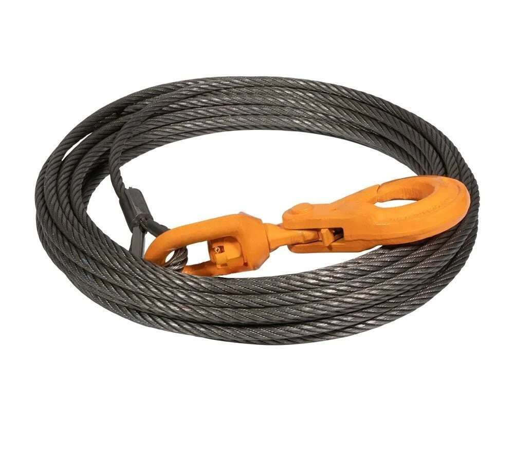 Coiled steel wire rope with orange sling hook on white background