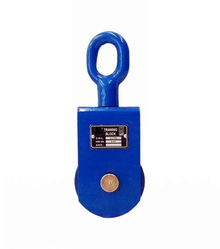 Blue industrial tracing block with a metal eyelet and rivets on a white background