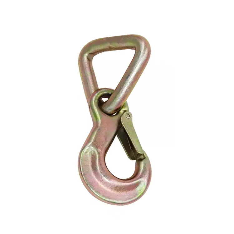 Zinc-plated steel lifting hook with triangular eye and spring-loaded safety latch on white background