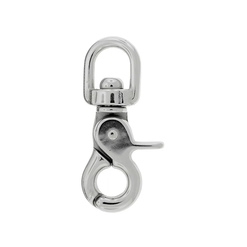 Silver trigger snap hook with a swivel eyelet and a spring-loaded gate on a white background