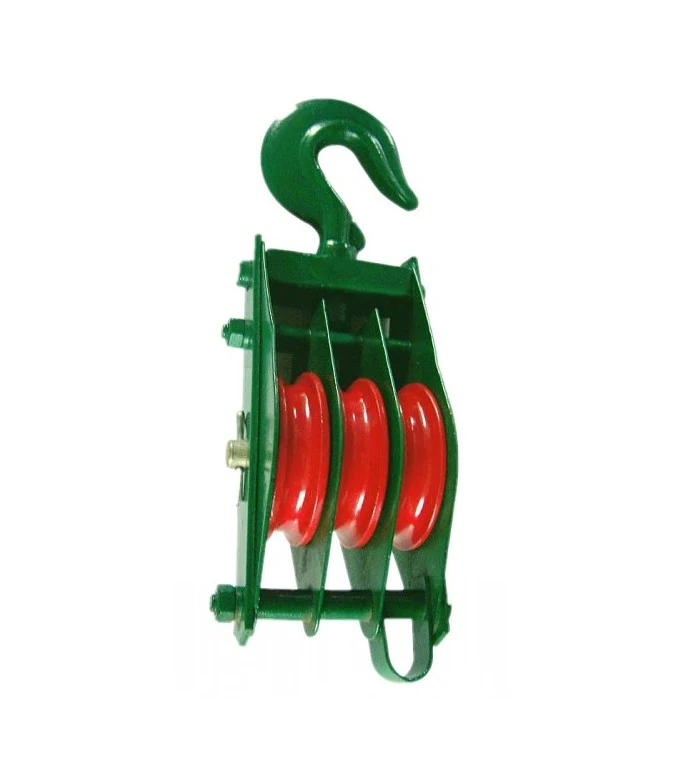 Green triple-sheave pulley block with red wheels and top hook, isolated on white background