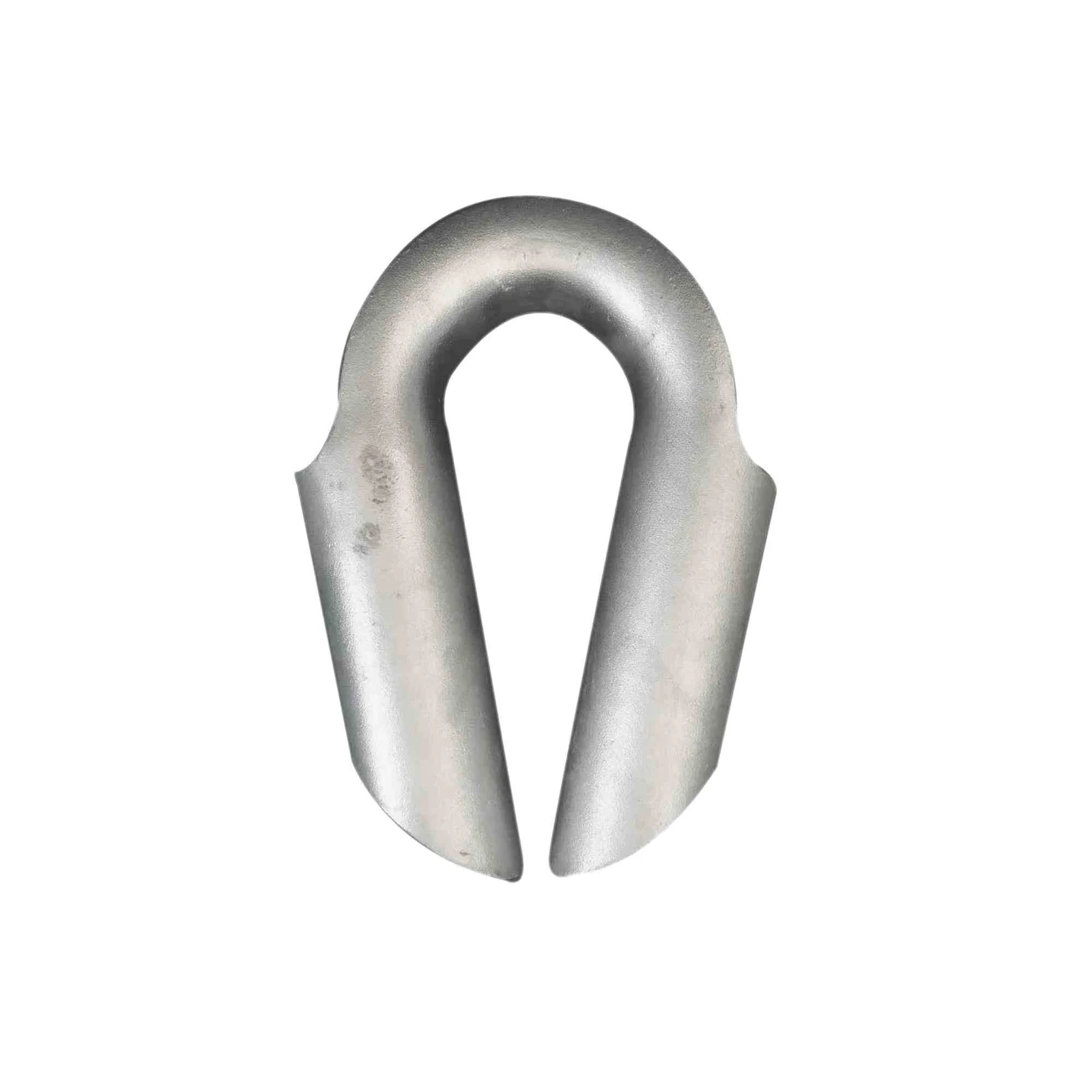 Galvanized steel wire rope thimble, teardrop-shaped metal rigging fitting on white background