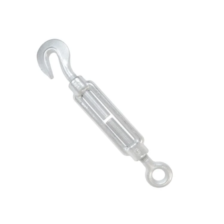 Galvanized steel hook and eye turnbuckle shown diagonally on a plain white background