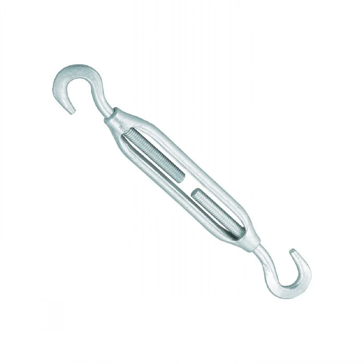 Galvanized hook-and-hook turnbuckle with open frame body shown diagonally on a white background