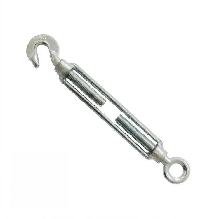 Galvanized steel hook and eye turnbuckle shown diagonally on a white background