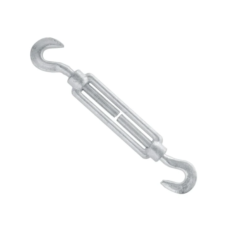 Galvanized steel hook-and-hook turnbuckle with threaded body, isolated on a white background