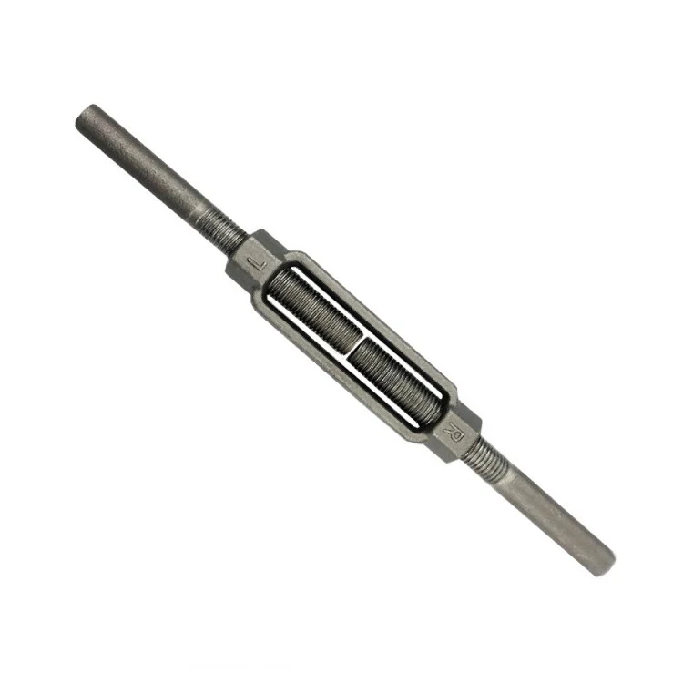 Metal turnbuckle stub end with open body and threaded rods, set against a white background