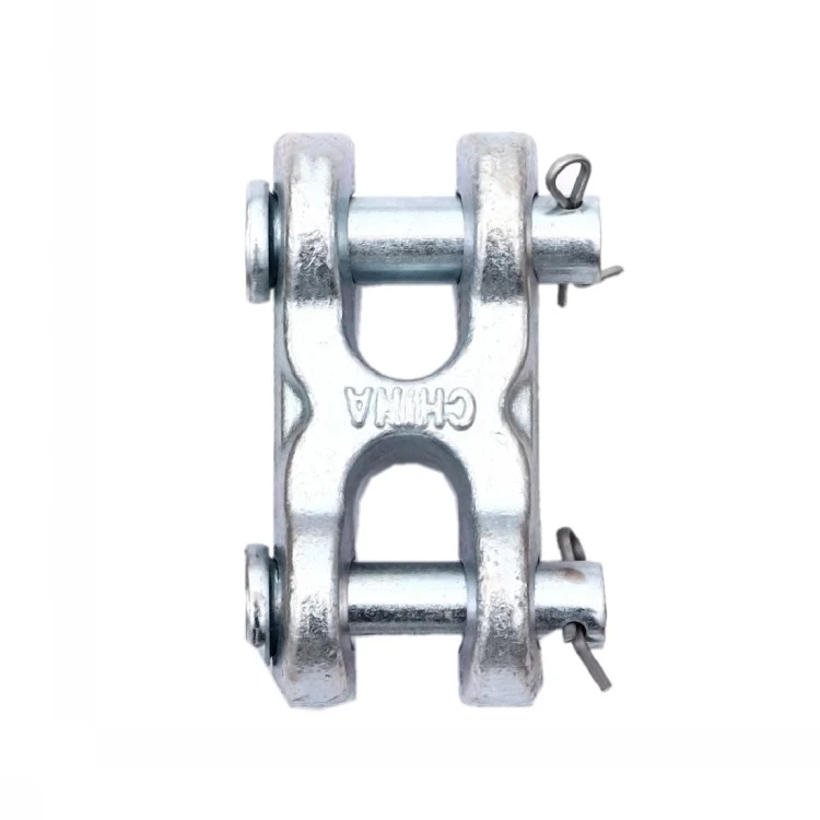 Galvanized steel twin clevis link with cotter pins, marked CHINA, on a white background