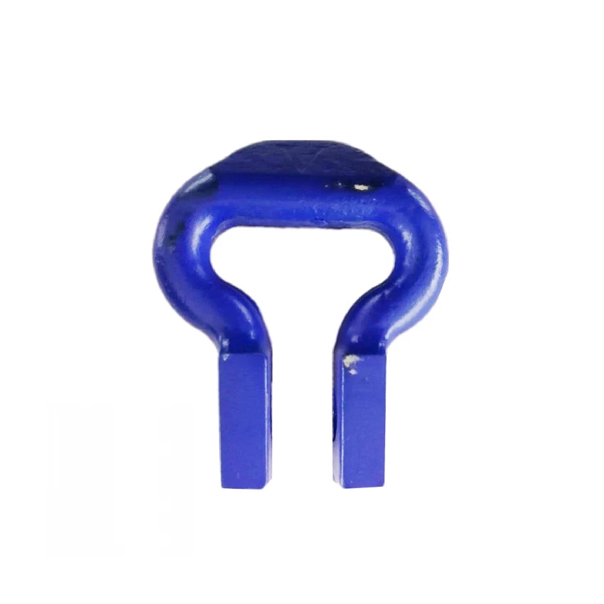 Blue painted forged steel clevis yoke with two parallel prongs, isolated on a white background