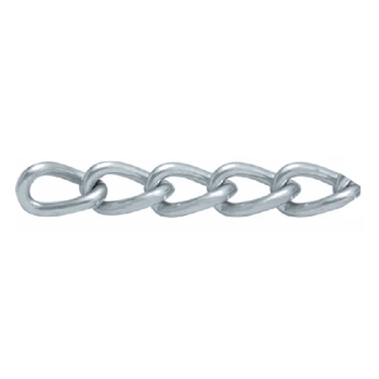 Short length of galvanized steel welded-link chain lying horizontally on a plain white background