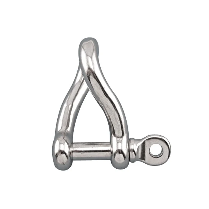 Polished metal twisted clevis shackle with threaded pin and eye, isolated on white background