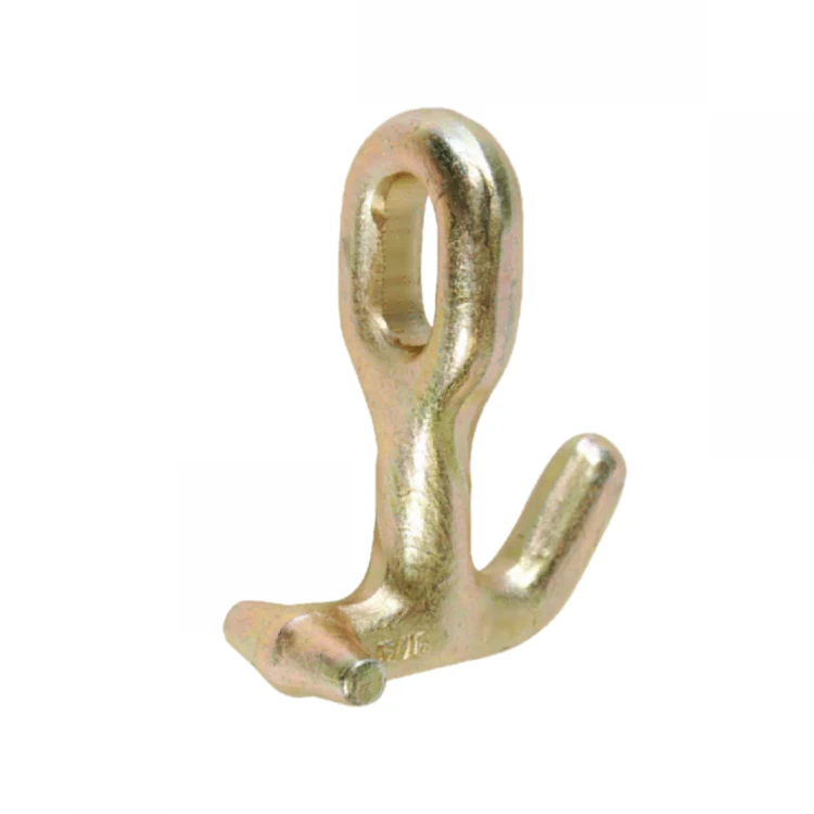 Yellow zinc-plated forged steel eye hook with open latch jaw on white background