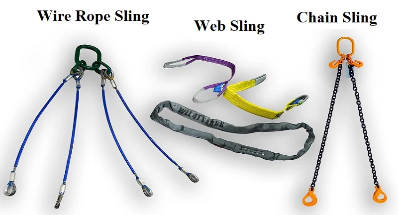 Wire rope sling, purple and yellow web slings, and orange chain sling with hooks on white background