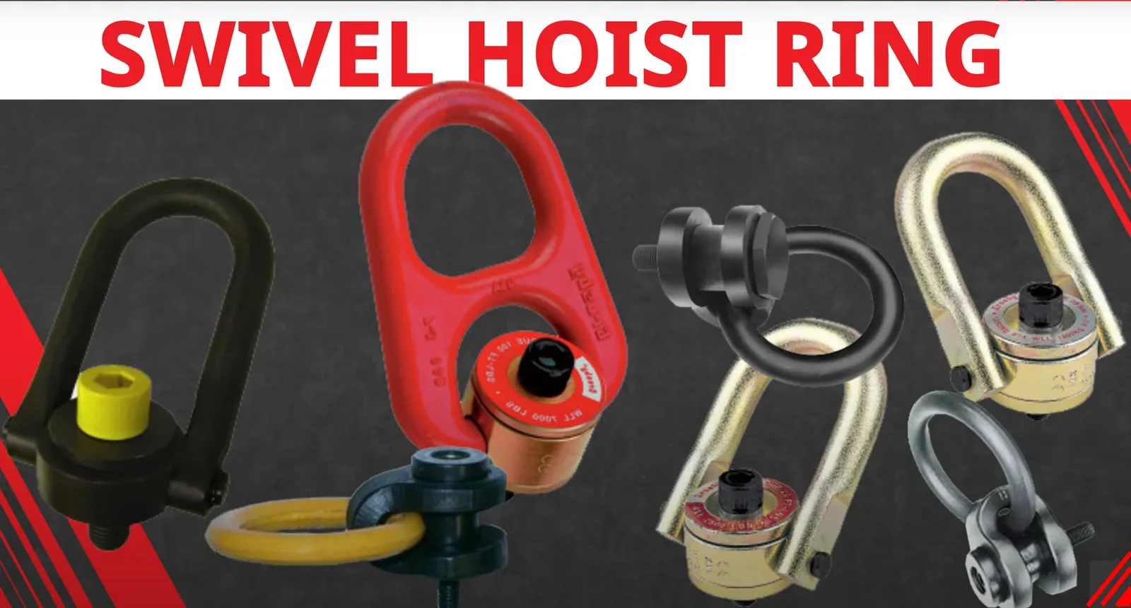 Several swivel hoist rings in red, black, and yellow displayed on a dark background with marketing text