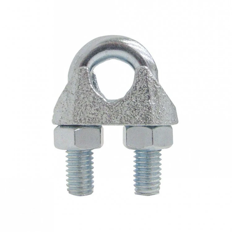 Galvanized wire rope clip with U-bolt, saddle, and two hex nuts on a white background