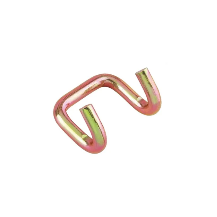 Iridescent yellow-zinc plated bent steel wire hook isolated on a plain white background
