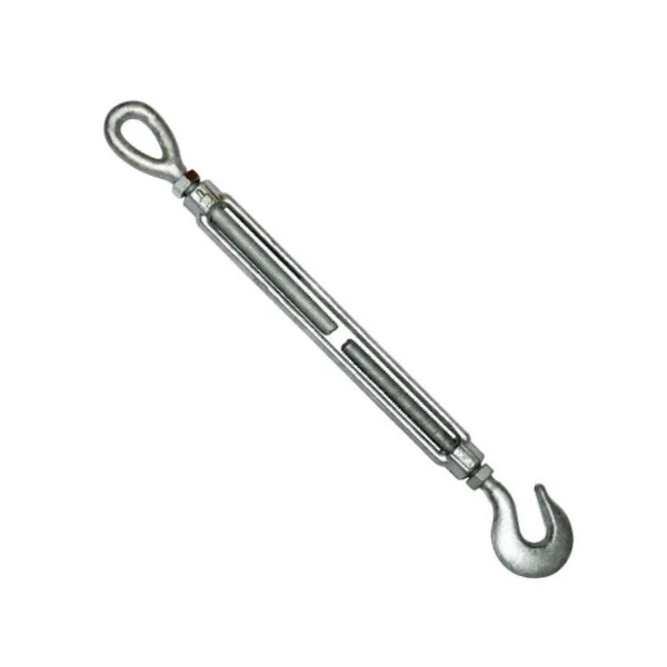 Metal turnbuckle with eye loop on one end and hook on the other, shown diagonally on white background