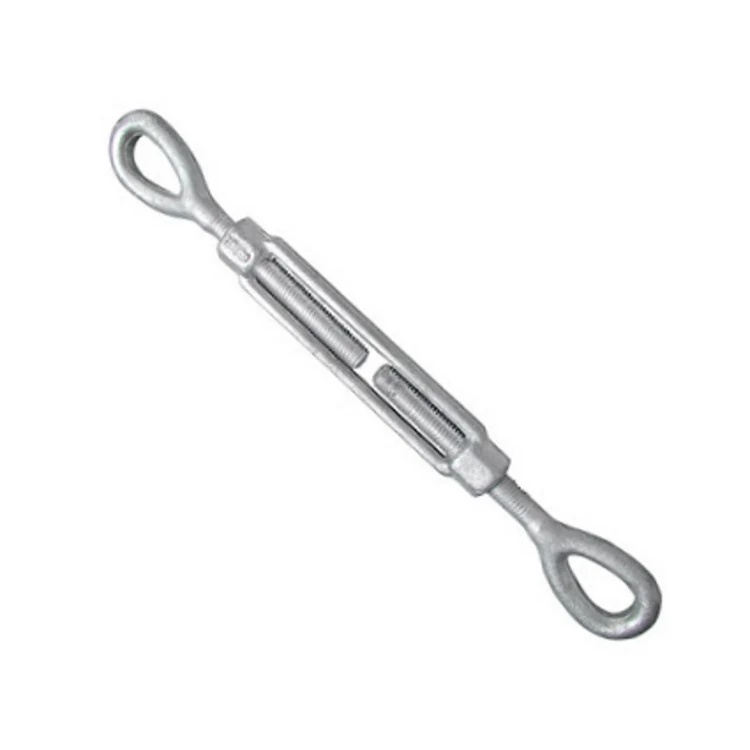 Galvanized steel eye-and-eye turnbuckle with two loop ends shown diagonally on a plain white background