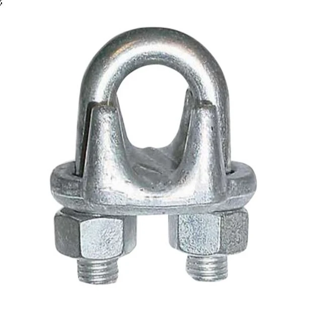Galvanized steel wire rope clamp with a U-bolt, saddle, and two hex nuts on a white background