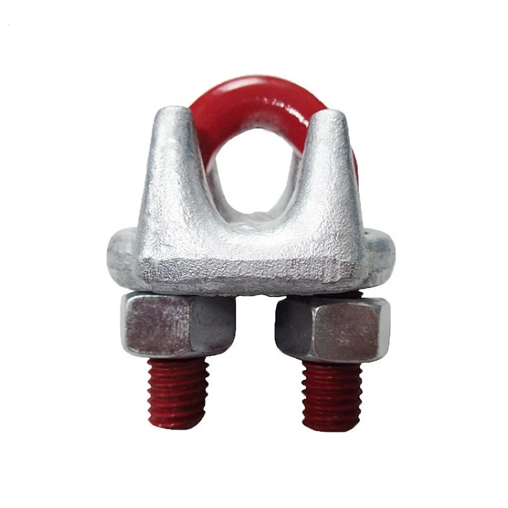 Drop forged wire rope clip with silver saddle and red painted bolts and nut