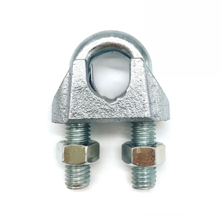 Galvanized steel wire rope clip with U-bolt, saddle, and two hex nuts isolated on white background