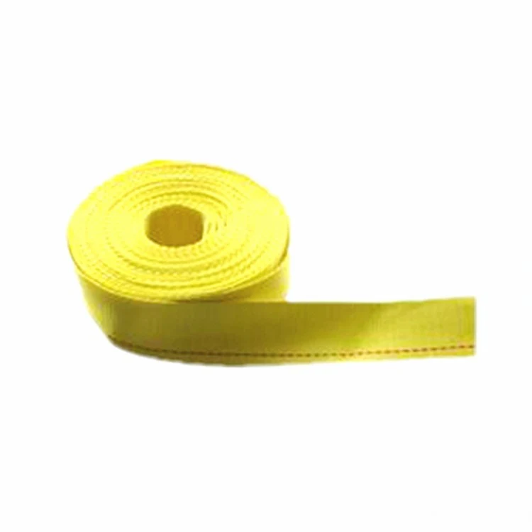 A roll of yellow webbing with red stitching on a white background
