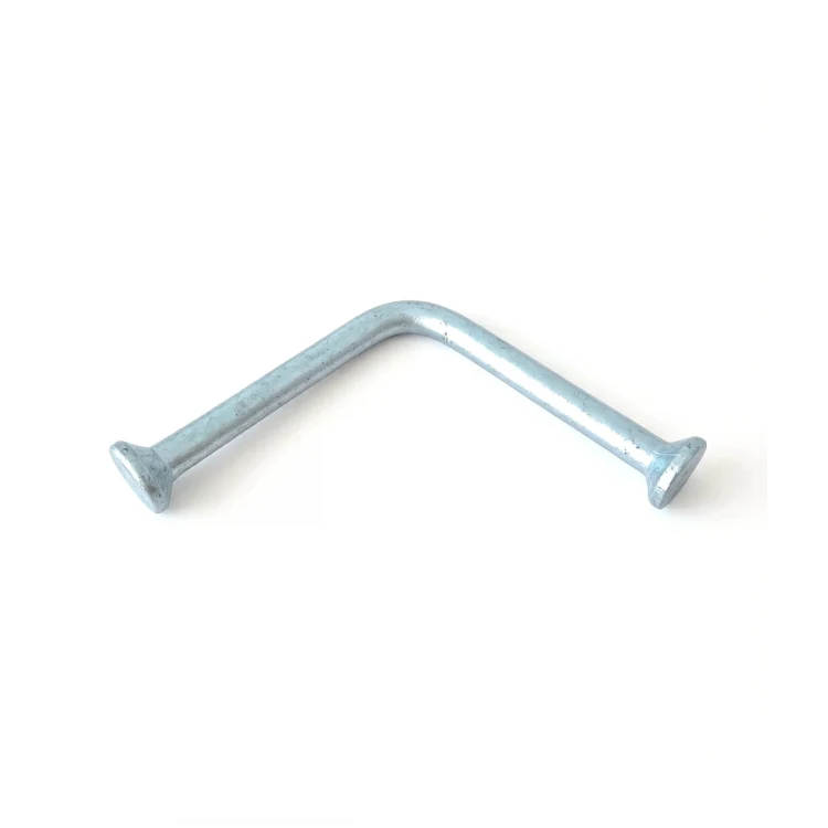 Galvanized bent metal fastener with two flat heads angled upward on a plain white background