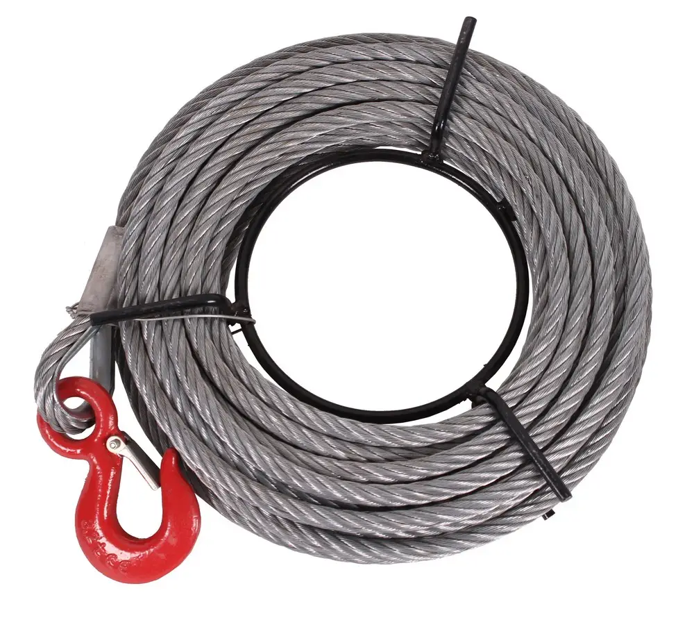 Coiled galvanized steel wire rope with red swivel hook, bundled with black ties, on white background