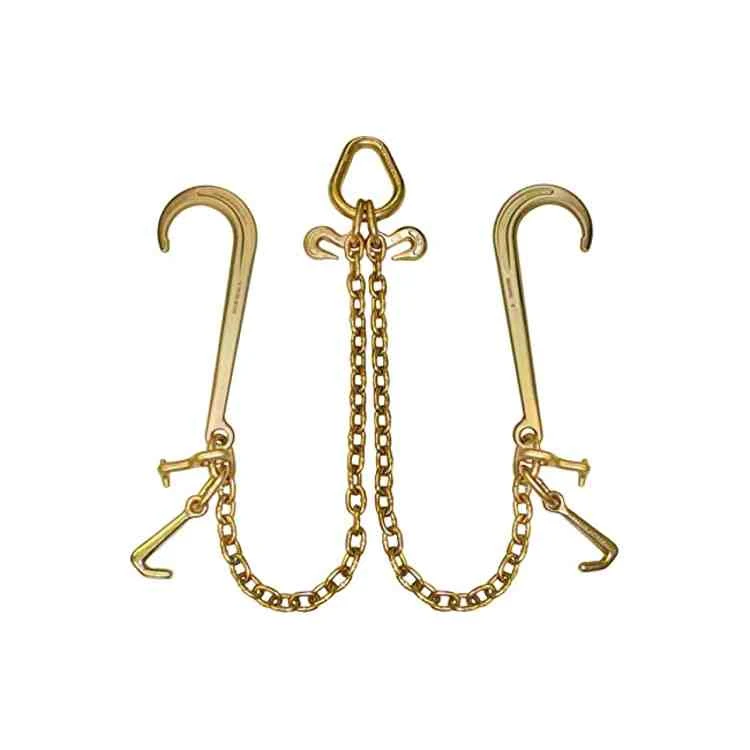 Gold zinc-plated V-chain towing bridle with J hooks, grab hooks, and center chain attachment
