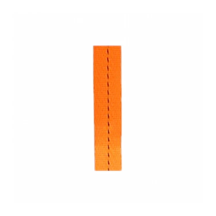 Vertical strip of orange woven webbing with a single line of dark stitching down the center on a white background