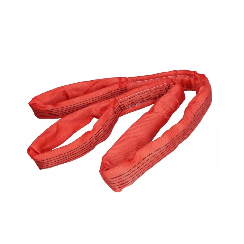 Red webbing lifting sling with two reinforced loop eyes on a white background