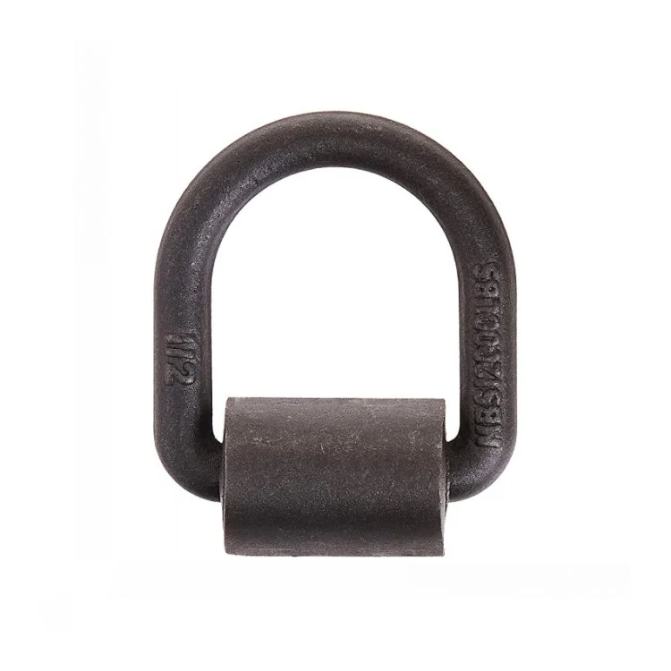 Close-up of a black metal D-ring anchor shackle with a rotating base on a white background