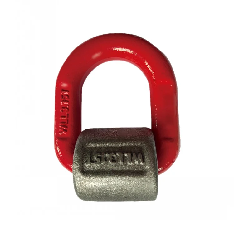 Red painted lifting shackle with a galvanized metal pin against a white background