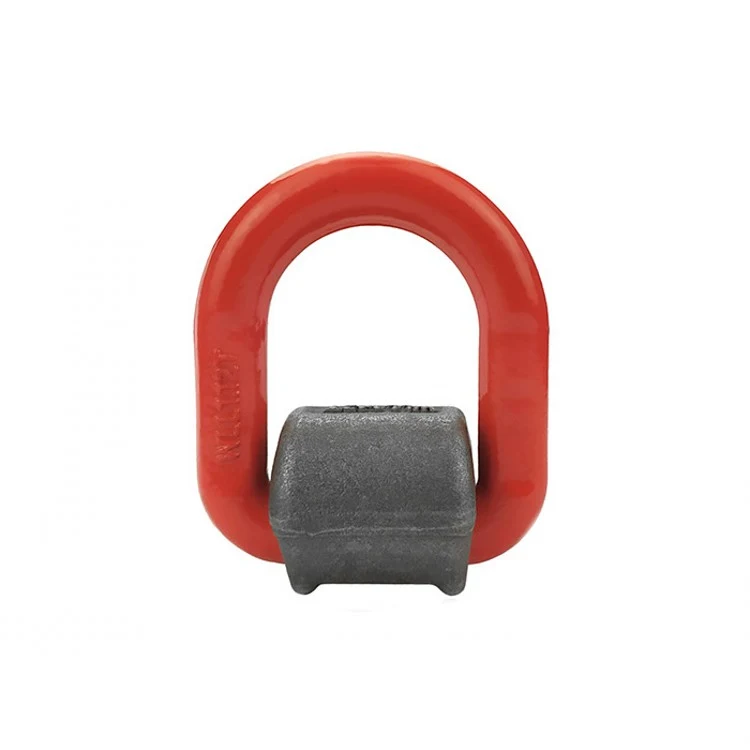 Red welded master link lifting ring with dark forged steel mounting base on a white background