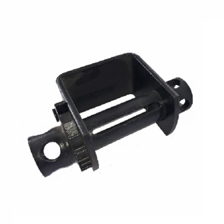 Black metal bracket component with a rectangular housing and a central threaded shaft on a white background