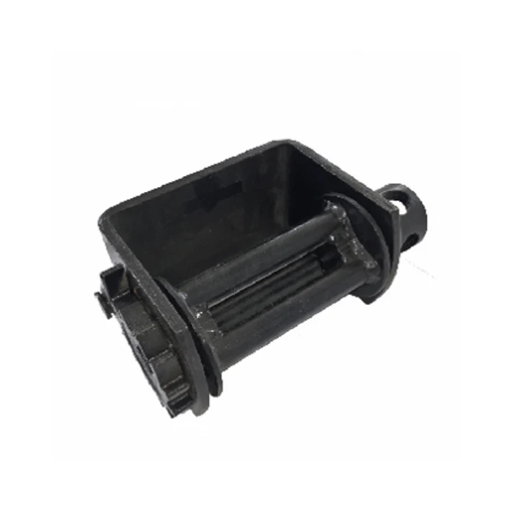 Black steel winch drum assembly with geared flange and cylindrical housing on a plain white background
