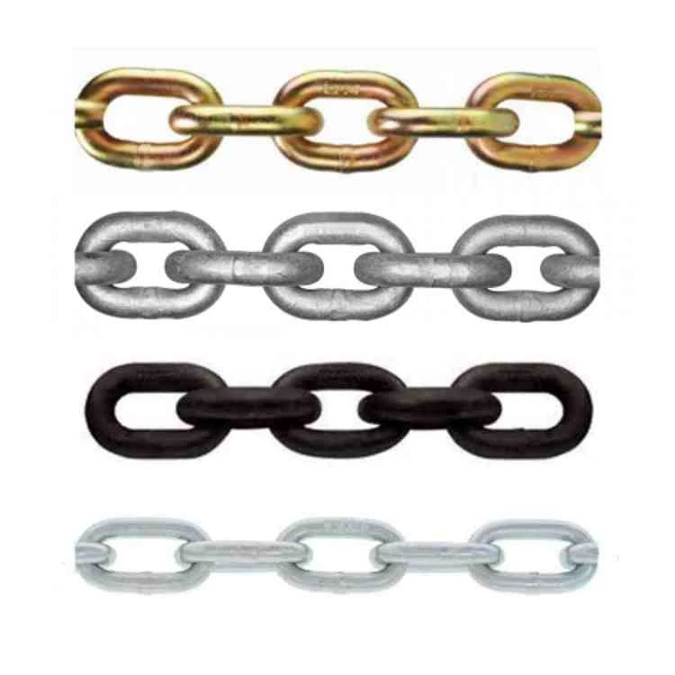 Four steel chains in gold, galvanized silver, black, and white finishes shown in rows on a white background