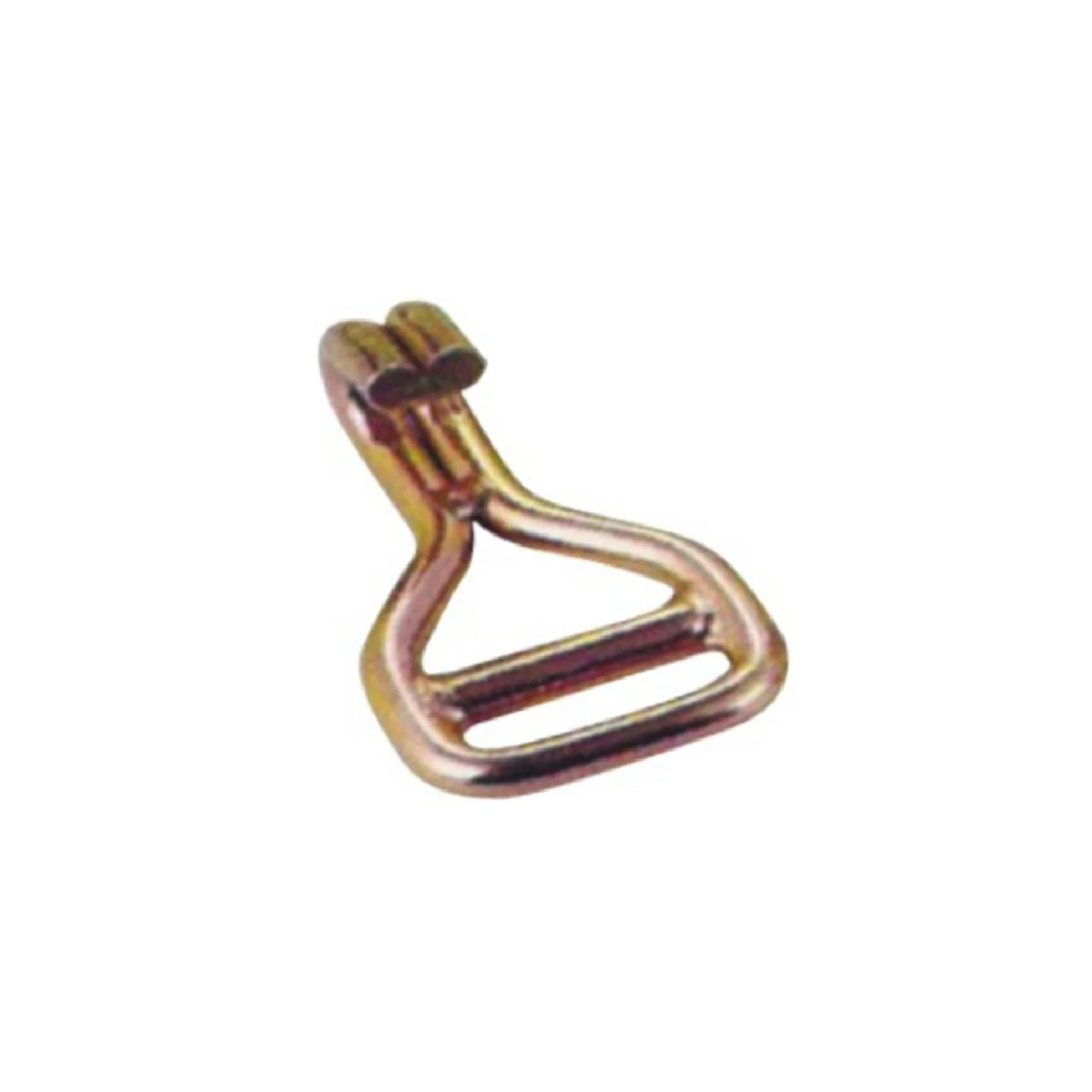 Gold zinc-plated steel wire hook fitting with triangular loop for webbing straps, isolated on white background