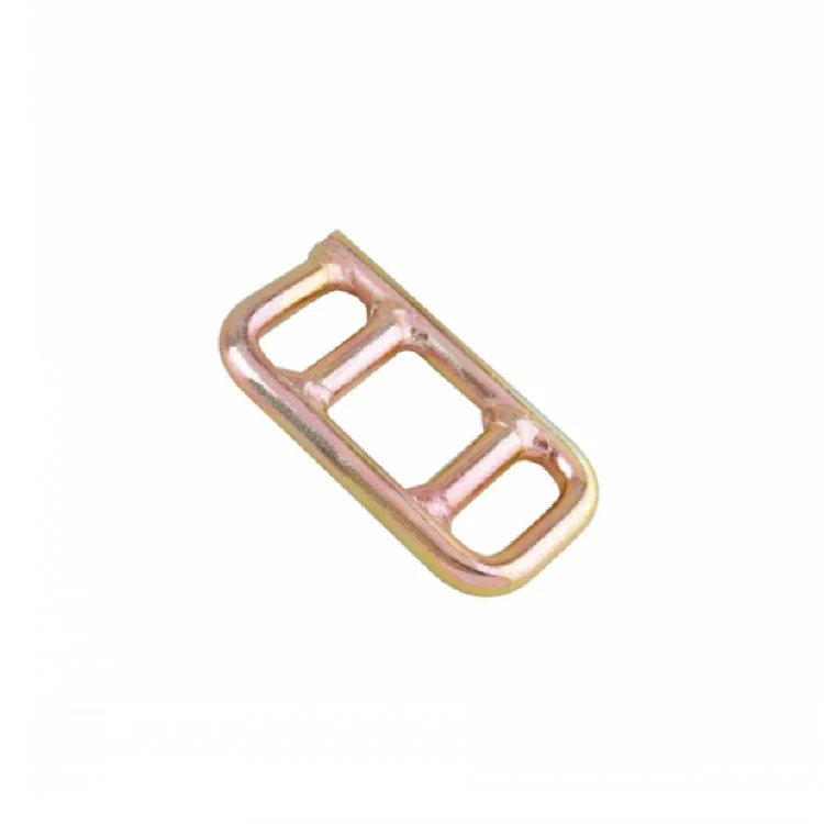Gold zinc-plated steel wire buckle for lashing straps shown diagonally on a plain white background