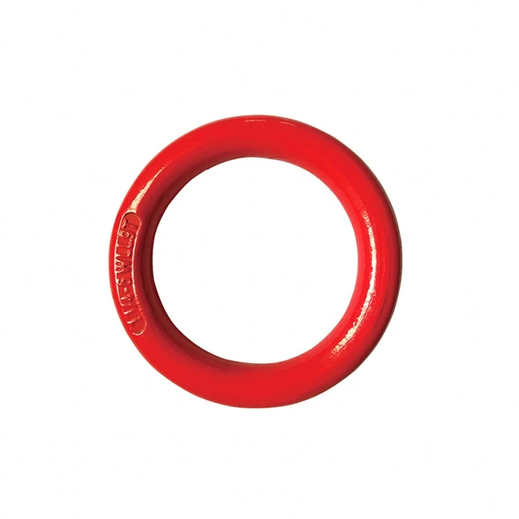 Red painted metal lifting ring with embossed markings on a white background