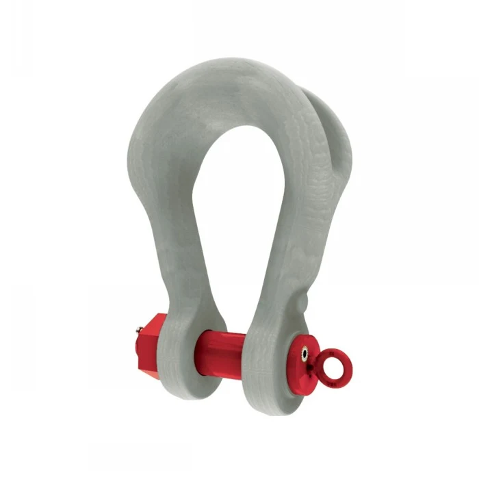 Gray bow shackle with red screw pin on a plain white background