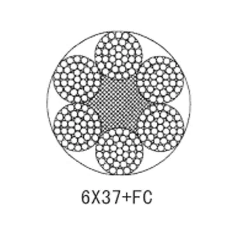 Black and white cross section diagram showing six strands around a central fibre core, labelled 6X37+FC