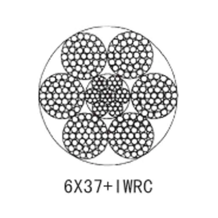 Technical cross-section diagram of 6x37+IWRC wire rope showing six strands around an independent wire rope core