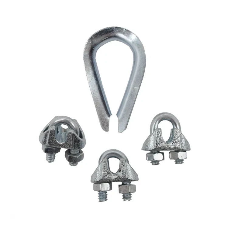Three galvanized wire rope clip clamps with U-bolts and nuts arranged below a metal wire rope thimble on a white background