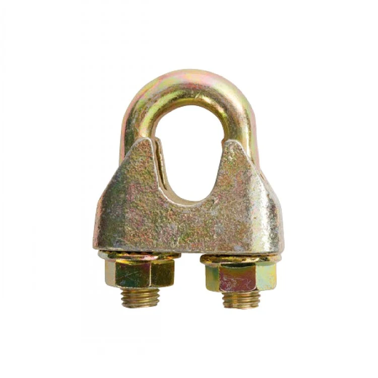 Galvanized wire rope clip with U-bolt, saddle, and two hex nuts on a white background