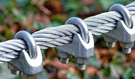 Three galvanized U-bolt wire rope clips clamped onto twisted steel cable, blurred foliage background