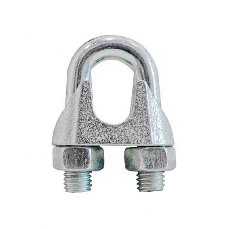 Galvanized wire rope clamp with U-bolt, saddle, and two hex nuts on a clean white background